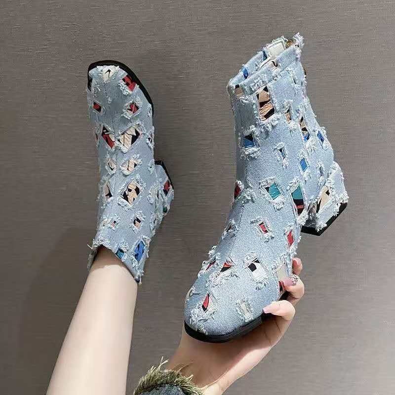 Sewing Zipper - 2026 Lente Herfst Denim Damesschoenen Met
