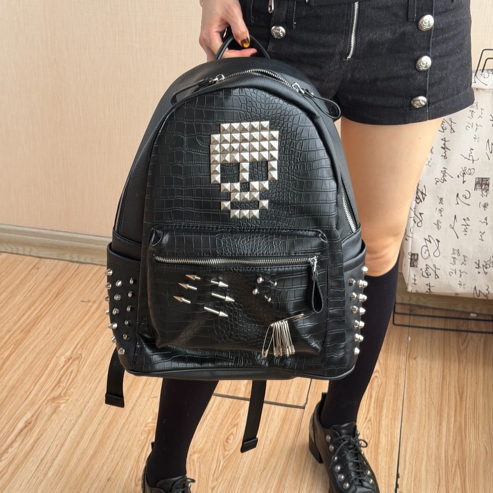 Sewing Zipper - Originele zwarte krokodillenpatroon schedel klinknagel rugzak