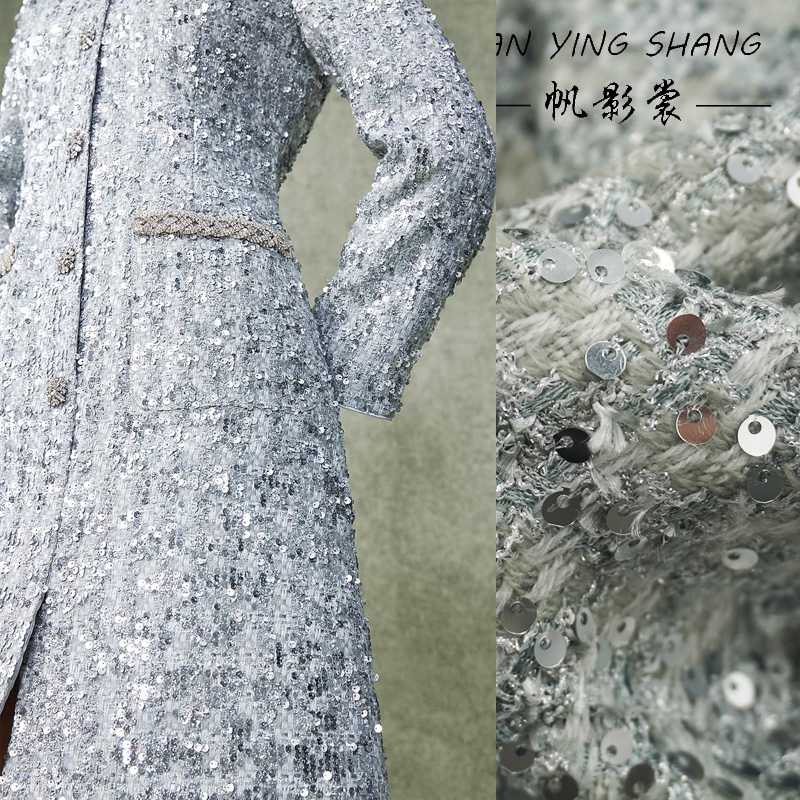 Sewing Tweed - Zilvergrijze glitterpailletten tweedstof voor jassen, geweven